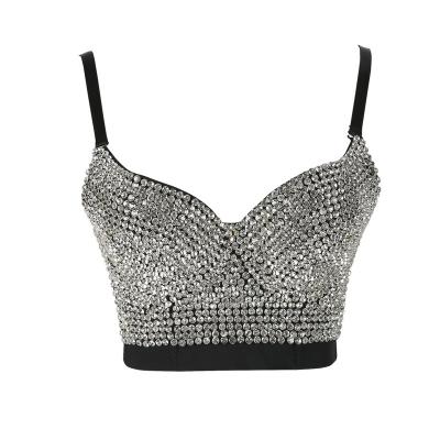 China European and American plus size women's tube style sexy beading covered spaghetti strap top glitter shiny Crystal Fabric Tank Bars for sale