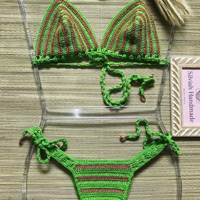 China Anti-pilling Women's Summer Knit Crochet Bralette Cotton Tank Khaka Striped Crop Top Boho Style Tops Handmade Beach Wear Green for sale