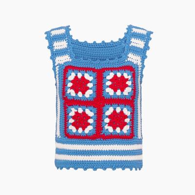 China Breathable Cotton Crochet Top Light Blue Red Color for sale