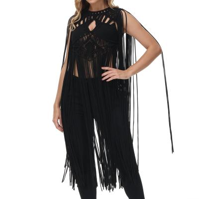 China QUICK DRY Women Black Cutout Crew Neck Chunky Handmade Knit Tassel Openwork Sleeveless Top for sale