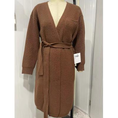 China Breathable Women Ribbed Knit Long Oversized Cardigan Coat With Belt In Brown Wool-Blend Sweater Fashion Outer Design for sale