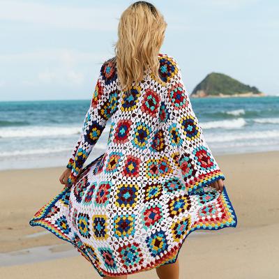 China Boho Breathable Square Afghan Cardigan Sweater Long Patchwork Crochet Granny Jacket Hippie Coat Rainbow Granny Square Clothing for sale