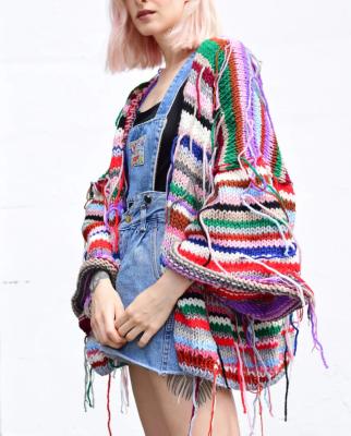 China Chunky Oversized Breathable Cardigan with Bell Sheath Sweater Rainbow Boho Festival Zero Scrap Striped Hand Knitted Jacket for sale