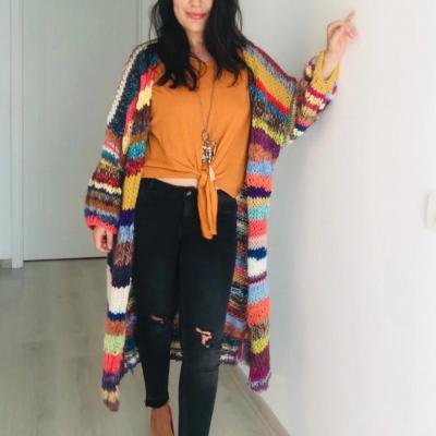 China Breathable Long Row Chunky Oversized Cardigan with Kimono Sheath Cardigan Jumper Multicolor Sweater Hippie Rainbow Cardigan Coat for sale