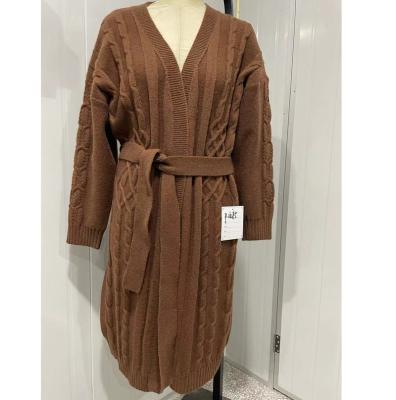 China Korean Breathable Women Cable Knit Long Oversized Cardigan With Belt In Brown Wool-Blend Fashion Design Sweater Outer Overcoat for sale