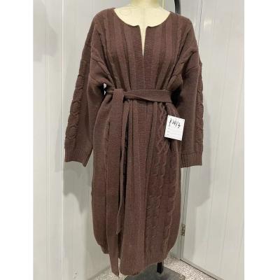 China Korean Breathable Women Cable Knit Long Oversized Cardigan With Belt In Chocolate Wool-Blend Fashion Design Sweater Outer Overcoat for sale