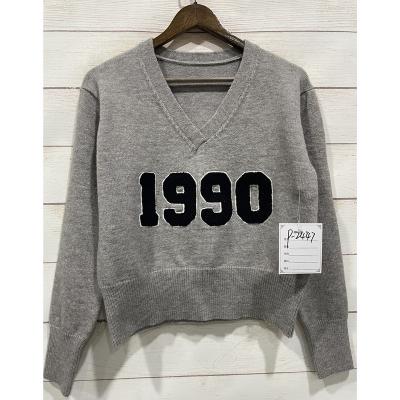 China Women's Gray College Knit Style Breathable Jumper with Embroidery Letters V-neck Sweater Sweater Top 1990s for Female Streetwear for sale