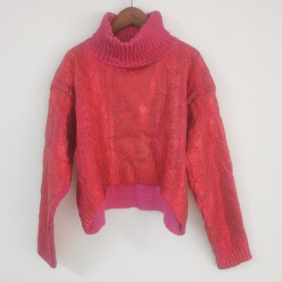 China Breathable Women Cotton Turtle Neck Metallic Pink Sweater Knit Cable Chunky Crop Top for sale