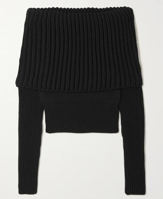 China Black Women's Anti-Pilling Off The Shoulder Rribbed Knit Sweater for sale