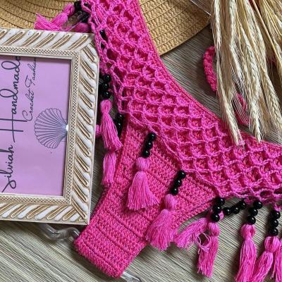 China Breathable Women Crochet Bikini Set Sexy Pink Swimwear Knit Pearl Tassel Swimsuit Handmade Tassel Sunset Halterneck Bikini for sale