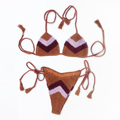 China Brown Women Breathable Sparkle Stripe Bikini Crochet Swimwear Sexy Showy Tied Bikini for sale