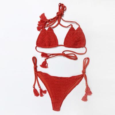 China Breathable Women Sparkle Red Crochet Bikini Swimwear Sexy Seeing Tied Bikini For Sexy Girl for sale