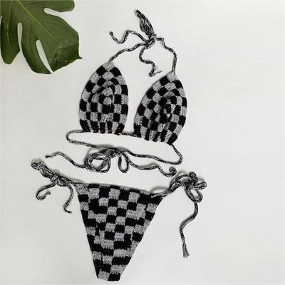 China Gray CheckerBoard Bikini Handmade Crochet black breathable Billie Eilish Top Monday Swimwear tied bikini for sexy girl for sale