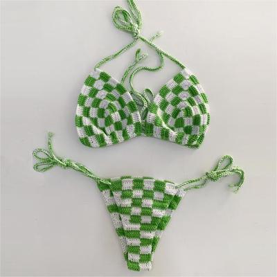 China Billie Eilish Breathable Checkerboard Bikini Green White Bikini Handmade Crochet Billie Eilish Top Monday Swimwear Tied Bikini For Sexy Girl for sale