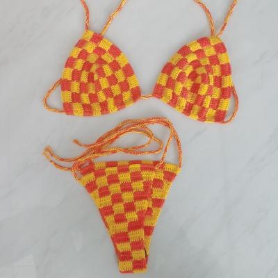 China Breathable Orange Yellow Handmade Crochet Billie Eilish Checkerboard Bikini Top Monday Swimwear Tied Bikini For Sexy Girl for sale