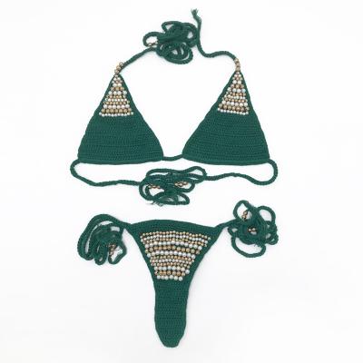 China Breathable Green Handmade Crochet Bikini Set With Beads Billie Eilish Top SwimwearTied Bikini For Sexy Girl for sale