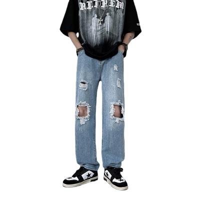 China Hong Kong Style Hole Jeans Men Viable Beggar Plus Size Men's Pants Loose Straight Dad Pants Light Blue Wide Leg Men Pants for sale