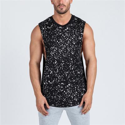 China Breathable Mens Big Split Cotton Sports Plus Size Tank Tops Fashion Dot Print Round Neck Sleeveless Mens Tank Top for sale