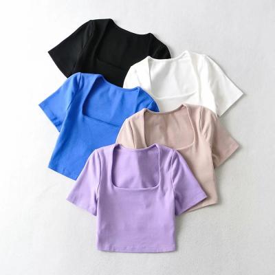 China Antibacterial Women's Short Soft Sleeve Cotton Square Neck Cropped Yoga T-Shirt for sale