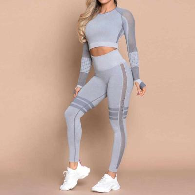 China Breathable Custom High Waist Seamless Mesh Yoga Fitness Woman Long Sleeve Wear Pants Leggings Yoga Gym Set for sale