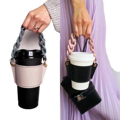 China Hot Selling Fashion Glass Cup Holder Coffee Packaging With Chain Acrylic Holder Handmade Leather Mug Bag for sale