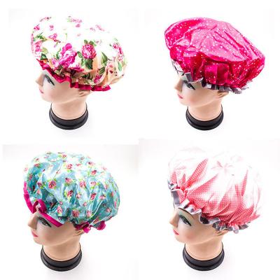 China Sustainable China Factory Fine Workmanship Colorful Waterproof Padded Printing Ladies Double Layer Satin Shower Cap for sale