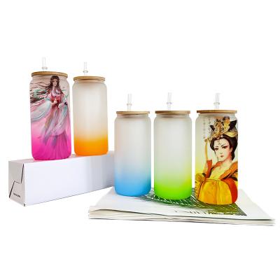 China 16oz 20oz shatterproof sublimation frostedcolor gradient glass canister with plastic straw and bamboo lid for heat press for sale