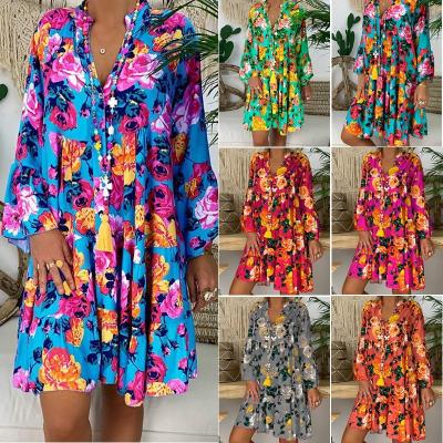 China Print Women Dress Summer Boho Style Three Quarter Sleeve Tunic Mini Party Dress Loose Floral Print Chiffon Beach Dress for sale