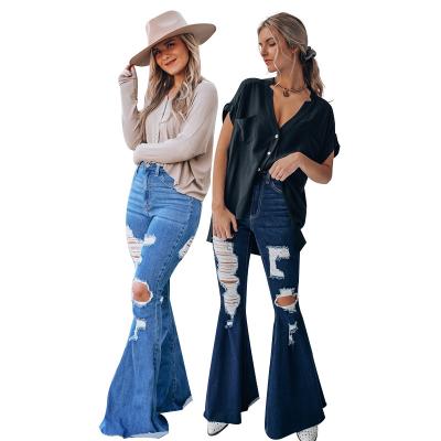 China Viable Casual Mid-waist Ripped Casual Denim Pants Trousers Blue Cotton Hand Washed Distressed Cut Out Rocket Jeans Pants for sale