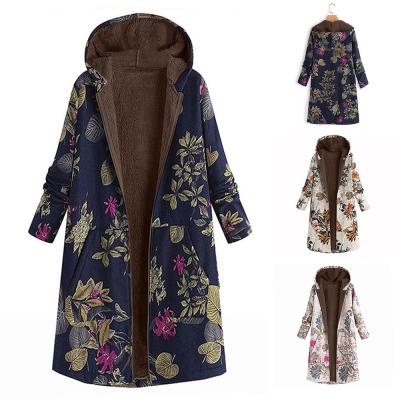 China Anti-wrinkle new retro 2021 spring cotton jacket printed hooded zipper long plus velvet women's coat jacket for sale