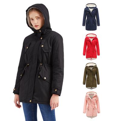 China Autumn Winter Women's Sustainable Cotton Padded Clothes Women's Solid Color Drawstring Hooded Belt Thickened Plush Coat for sale