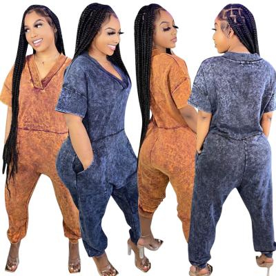 China 2022 New Product RBX Dye Tie Dye Rompers Loose V-Neckline Comfortable QUICK DRY Fashion Short Sleeve Plus Size Women's Jumpsuit for sale