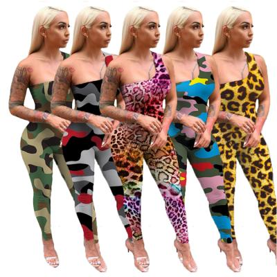 China RBX Anti-Pilling Leopard Snacks Sexy Women's Bodycon One Piece Jumpsuits Summer Elegant One Shoulder Skinny Overalls for sale