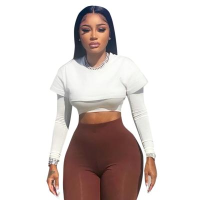 China RBX Viable Wholesale Ladies New Style Round Neck Long Sleeve Women Casual White Crop Top T-Shirt for sale