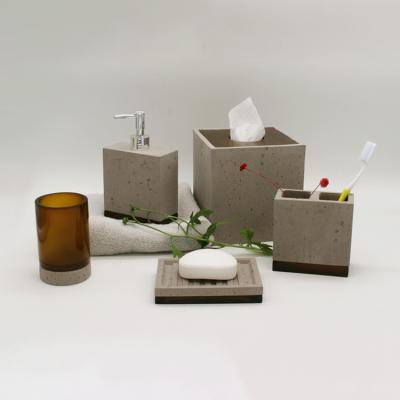 China Best Quality Sustainable Resin Natural Fashion Brown Cement Toilet Bathroom Accessories Set for sale