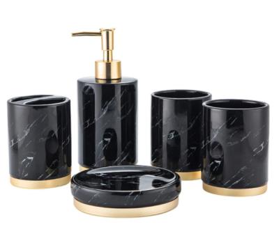 China Luxury Gold Ceramic Natural Black Marble Bathroom Hotel Quality Home Toilet Toilet Five Piece Set Bath Bathroom Accessories for sale