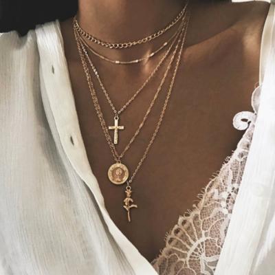 China Fast Delivery Factory Direct Sales New Cross Rose Gold Alloy Multi - Layer Fashion Necklace For Women for sale