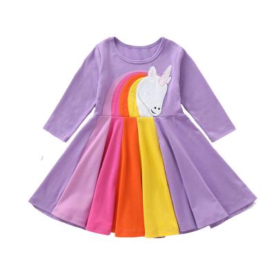 China Fall/Winter Casual Girl's Rainbow Dress Girl's Unicorn Embroidery Princess Long Sleeve Dress for sale