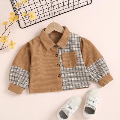 China 2021 Anti-wrinkle kids fall apparel boys and girls casual brown patchwork lapel checked long sleeve jacket boys and girls jacket for sale