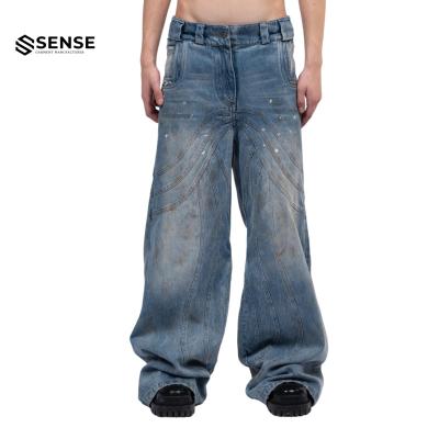 China Sustainable SENSE Custom OEM&ODM Painted Vintage Baggy Flare Stacked Heavy Denim Unisex Mens Jeans for sale