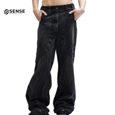 China Viable SENSE OEM&ODM Custom Vintage Black Washed Baggy Rocket Stacked Heavy Denim Unisex Mens Jeans for sale