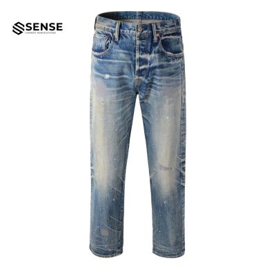 China Sustainable SENSE Custom OEM&ODM Distressings Painted Vintage Raw Selvedge Japanese Denim Repaired Jeans for sale