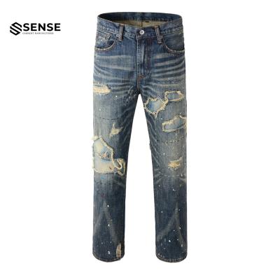 China Sustainable SENSE Custom OEM&ODM Distressings Painted Vintage Raw Selvedge Japanese Denim Repaired Jeans for sale