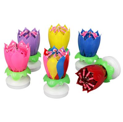 China AAA93 Flower Birthday Decoration Cake Candle Rotating Lotus Blossom Double Musical Candles for sale