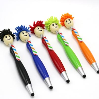 China Office School Ballpoint Pens Smile Face Broom Topper Pen Doll Head Stylus Screen Ballpoint Pen for sale