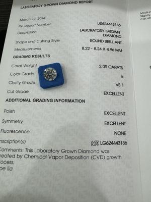 China 2.09CT E VS1 3EX Round Cut CVD Grown Diamond IGI Certificate LG624443136 for sale