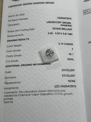 China 3.19CT F VS1 3EX Lab Grown CVD Diamond Round Cut IGI Certificate LG626472973 for sale