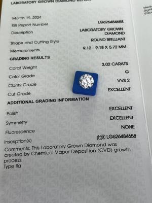 China 3.02ct CVD Lab Grown Diamond Round Cut G VVS2 3EX N IGI Certified for sale