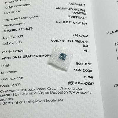 China 1.02CT Fancy Intense Groenblauw VS1 EX VG CVD Lab Groeid Diamond Princess Cut IGI Gecertificeerd Te koop