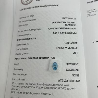 Китай 1.4ct Лабораторно изготовленные бриллианты овальный разрез CVD Fancy Vivid Blue VS1 2EX N IGI Certified продается